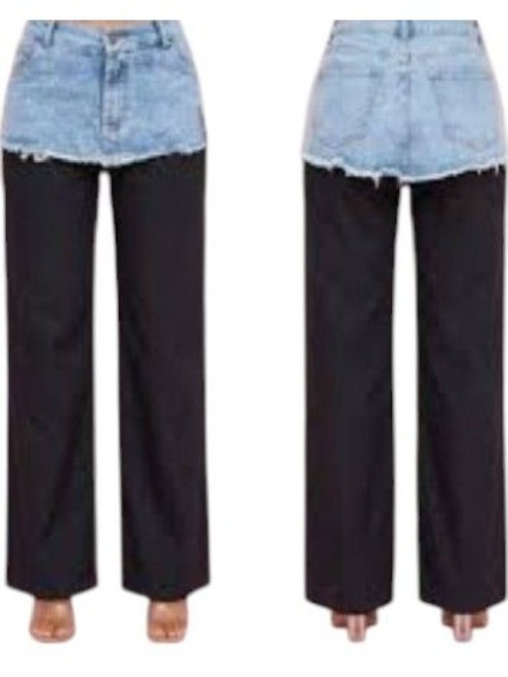 Davi & Dani Denim & Black Contrast Wide-Leg Pants With Frayed Waist Detail Sz Sm